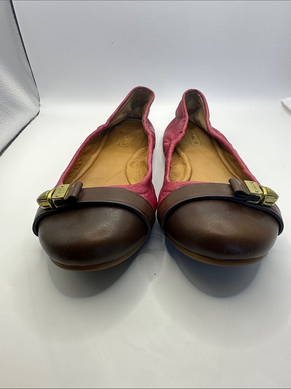 Coach Pink Fabric and Brown Leather Cap-Toe Ballet Flats with Gold Accent - Picture 2 of 11